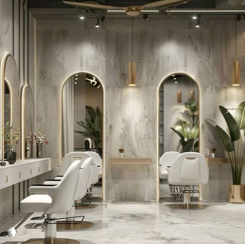 Интерьер современного салона красоты с парикмахерскими креслами, арочными зеркалами, декоративными растениями и светлым мраморным полом.