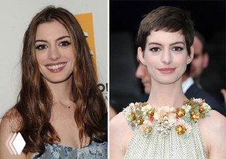 Коллаж с фотографиями Энн Хэтэуэй: на одной длинные волосы, на другой короткая стрижка — демонстрация смены образа для сцены в фильме.