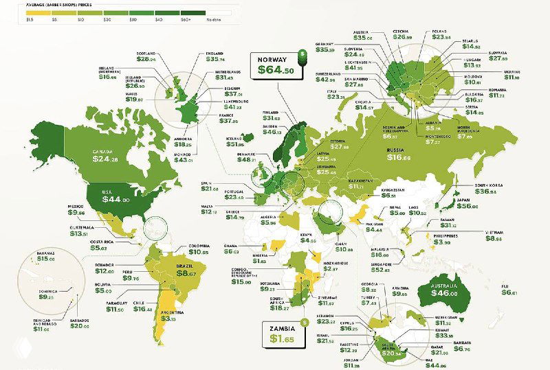 Карта мира с отмеченными странами и указанными средними ценами на мужские стрижки; цветовая шкала показывает относительный уровень цен по регионам.