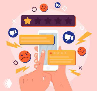 Иллюстрация: руки держат смартфон с карточками негативных отзывов, одна звезда, сердитые эмодзи и значки «дизлайк», символы конфликта.