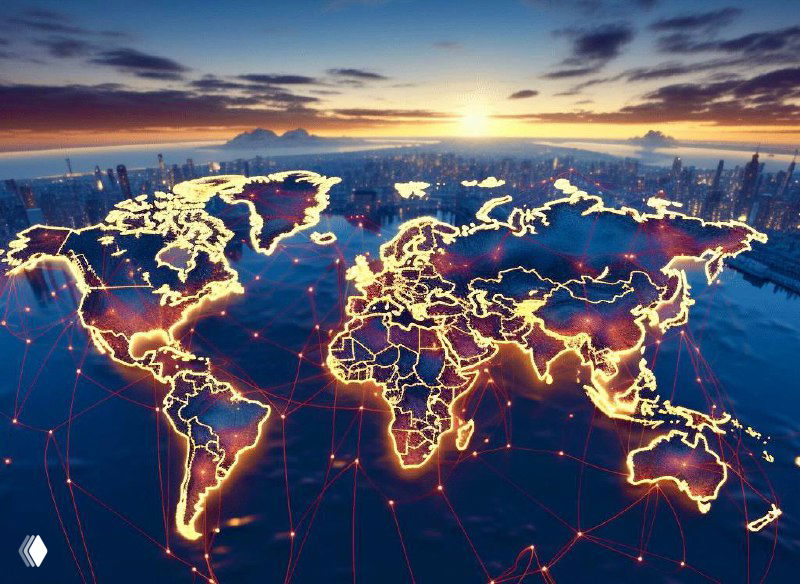 Иллюстрация: стилизованная карта мира с подсветкой контуров и сетевыми линиями на фоне городского горизонта и заката, символ международной экспансии бизнеса.