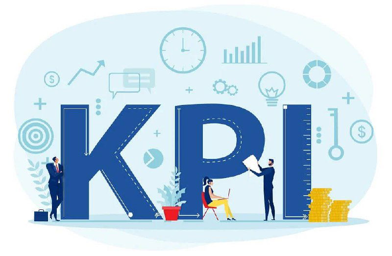 Иллюстрация: крупная надпись «KPI», рядом люди и инфографика с графиками и монетами — визуализация KPI для салона красоты.