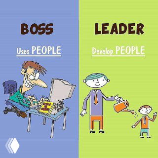 Иллюстрация: слева показан босс, использующий людей как ресурс, справа лидер, развивающий сотрудников и помогая им расти профессионально.