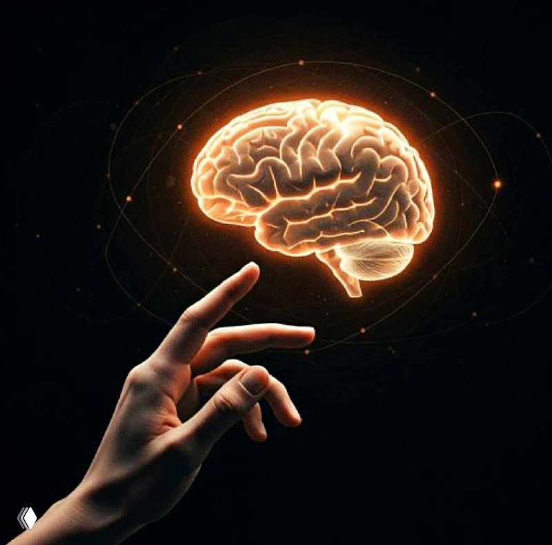 Светящийся стилизованный мозг над протянутой рукой на тёмном фоне: визуальная метафора показателя MIND и аналитики KPI.