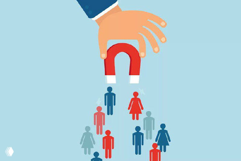 Иллюстрация: рука с магнитом притягивает силуэты людей — символ удержания клиентов и потерь в салоне красоты.