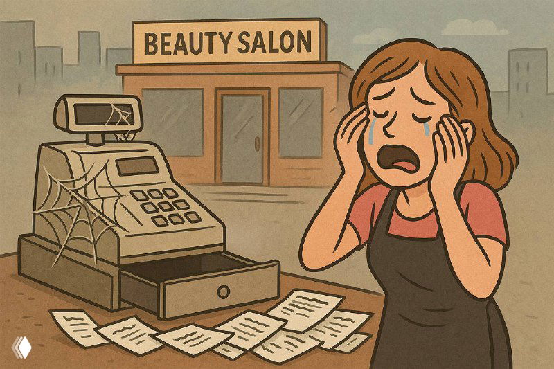 Иллюстрация: владелица бьюти-салона в панике у кассового аппарата, вокруг разбросаны счета и документы. — про налоги.