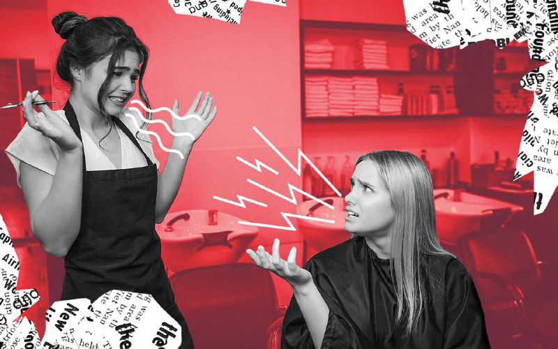Контрастная иллюстрация: клиентка в диалоге с сотрудницей салона на фоне интерьера — момент конфликта и попытка восстановления доверия