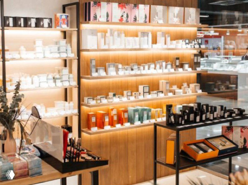 Интерьер косметического магазина: деревянные полки и витрины с уходовой и декоративной косметикой, стойки с аксессуарами и ярким освещением витрин.