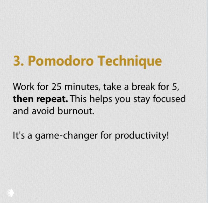 Слайд с заголовком «Pomodoro Technique»: инструкция работать 25 минут и делать перерыв 5 минут; бежевый фон и контрастный текст для акцента.