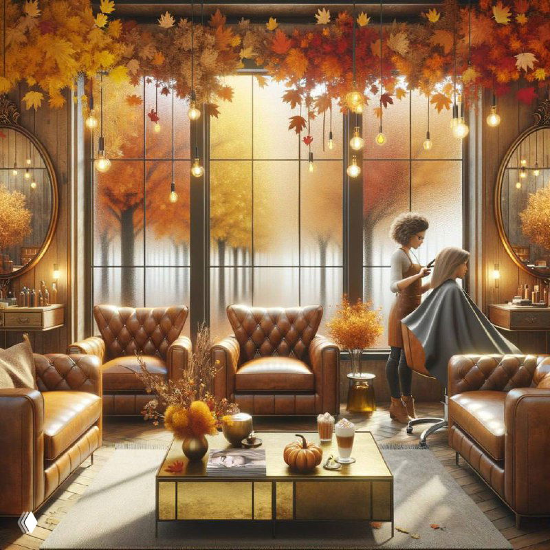 Уютный интерьер салона в осеннем стиле: кресла, осенний декор и парикмахер, стригущий клиента на фоне больших окон