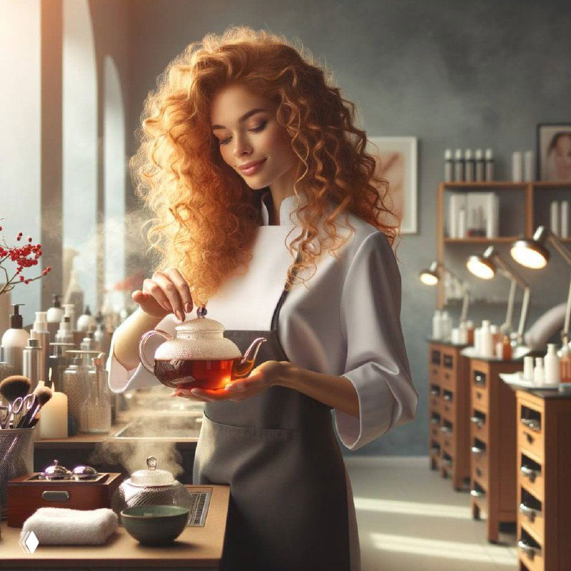 Женщина в салоне наливает чай из чайника на фоне косметики и полок; тёплая уютная сцена, ассоциирующаяся с осенними акциями и клиентским сервисом.