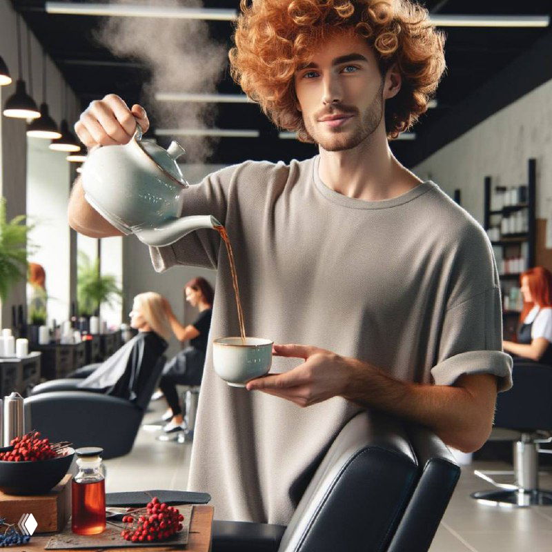 Мужчина в салоне аккуратно льёт чай в чашку рядом с парикмахерскими креслами; интерьер и сцена обслуживания для иллюстрации спецпредложений.