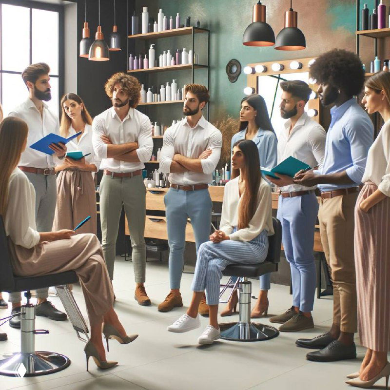 Группа сотрудников салона красоты на собрании: люди сидят и стоят в просторном интерьере, руководитель обсуждает итоги и планы на месяц.