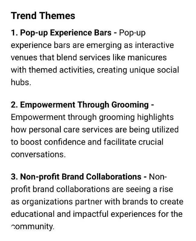 Фрагмент слайда исследования с заголовком «Trend Themes» и перечислением пунктов про pop-up experience bars, grooming и бренд‑коллаборации в бьюти‑трендах.