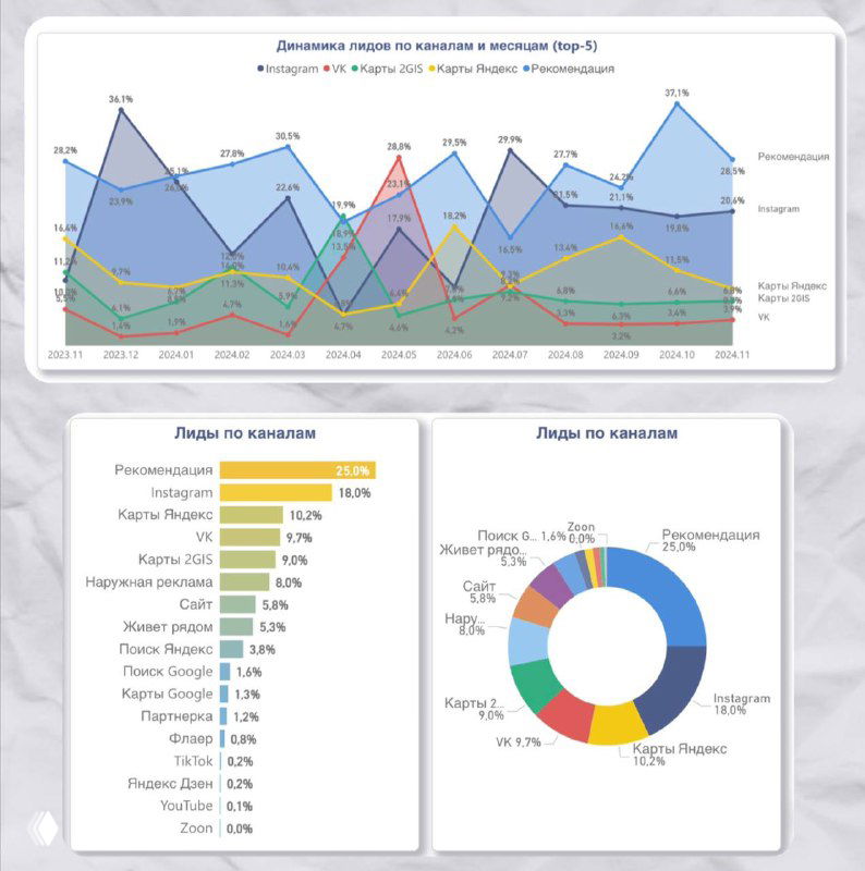 Графики и круговая диаграмма, показывающие доли и динамику каналов привлечения клиентов: рекомендации, Яндекс.Карты, VK и 2GIS