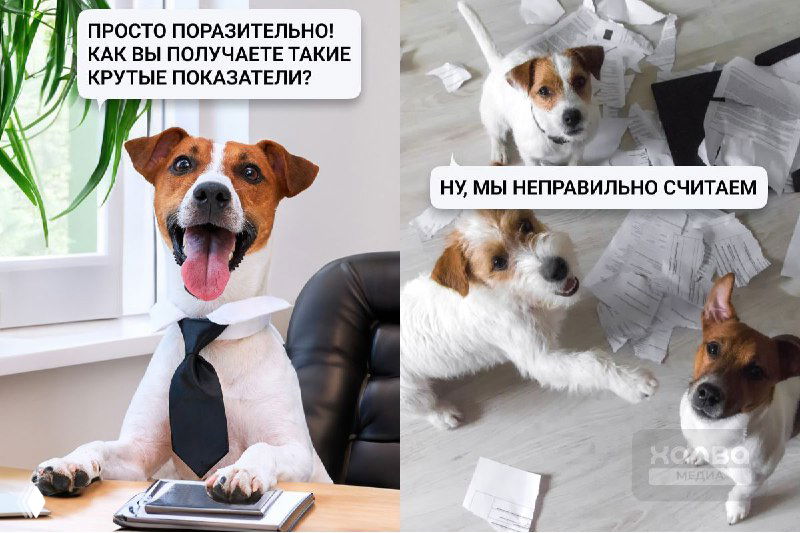Коллаж: терьеры в офисной обстановке — одна собака в галстуке за столом, другая рвёт бумаги; метафора ошибок в расчётах бизнеса.