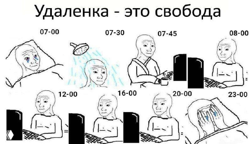 Комикс-мем с серией панелей о жизни на удалёнке: расписание дня, рабочие и бытовые действия, ироничный тон.