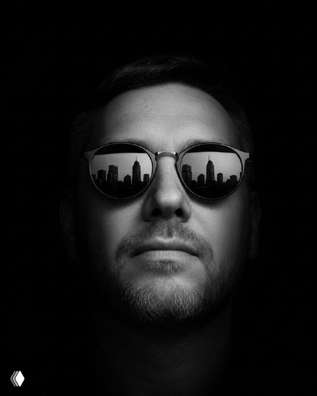 Контрастный чёрно‑белый портрет мужчины в солнцезащитных очках с отражением городской панорамы в линзах, стилизованное изображение.