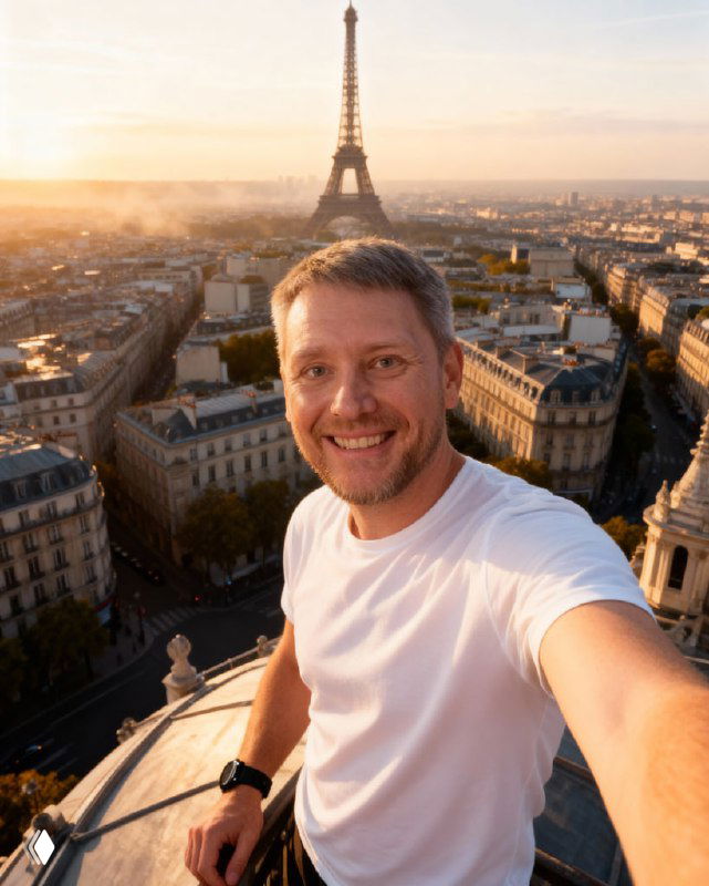 Селфи на фоне Эйфелевой башни: мужчина улыбается на смотровой площадке, городской пейзаж и мягкий утренний свет на заднем плане.