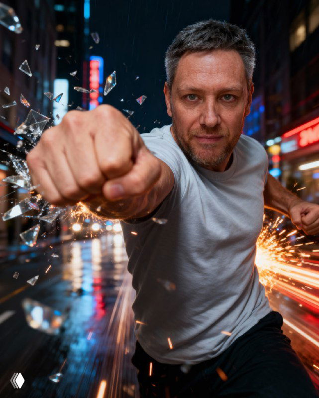 Динамичный экшн-кадр: мужчина наносит удар на мокрой городской улице с эффектами осколков и световыми вспышками, чувству экшна.
