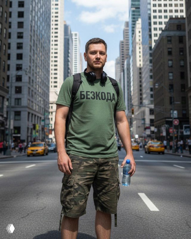 Портрет мужчины в футболке с надписью на русском на фоне городских улиц и высоток — уличный стиль и городская атмосфера изображения.