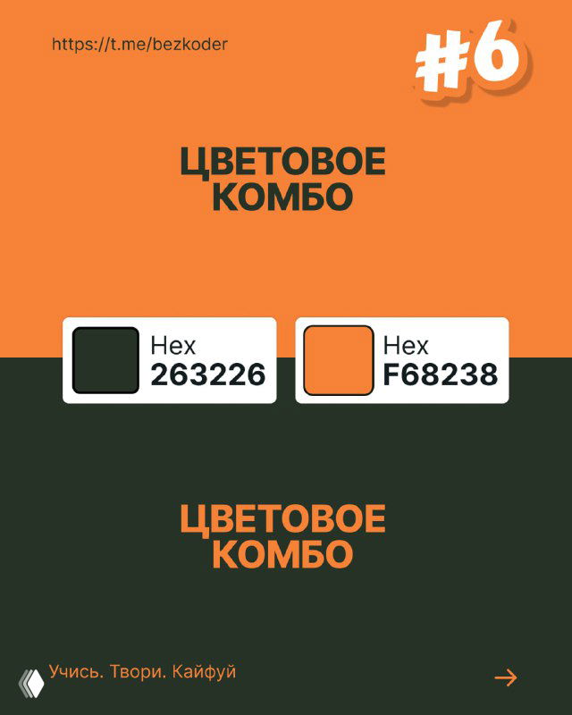 Слайд с цветовым комбо №6: тёмно-зелёный и ярко-оранжевый блоки с HEX-подписями, сочетание, придающее уверенность и силу визуалу бренда или интерфейса.