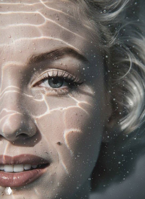 Портретная деталь женщины: половина лица под водой, яркие отражения света на коже, подчеркнуты ресницы и текстуры, присутствуют пузырьки.