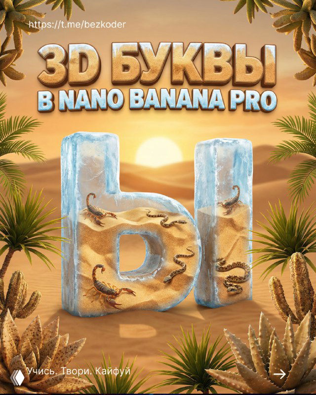 Обложка: крупная 3D-буква из прозрачного льда и стекла на фоне заката, окружена тропическими растениями и декоративными элементами, рекламный постер