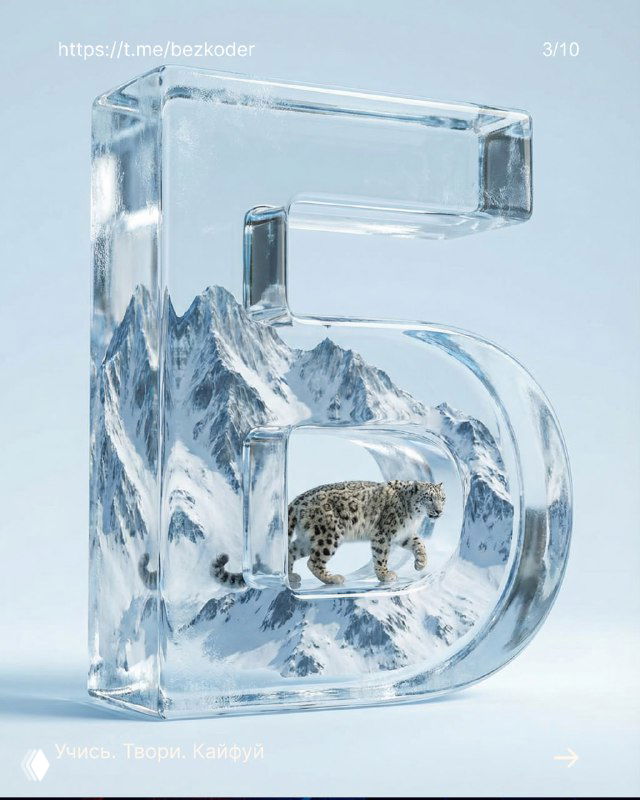 3D-буква с горным пейзажем: прозрачная буква со снегом и миниатюрным горным миром внутри, заметен фотореалистичный снежный барс внутри сцены