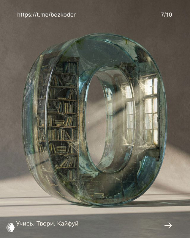 3D-буква O с интерьером библиотеки внутри: книжные полки, мягкий свет и лучи, стеклянная поверхность буквы и реалистичные отражения