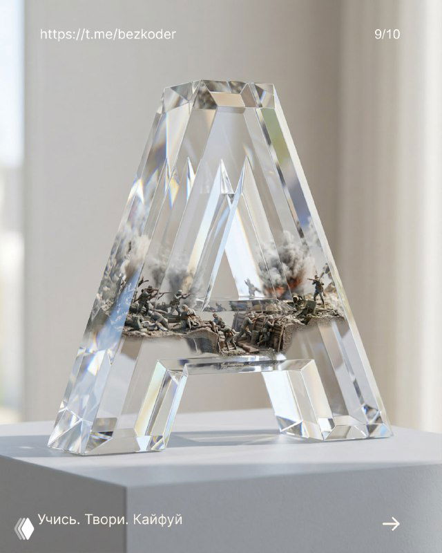 3D-буква A как кристалл: многогранная поверхность, внутри миниатюрный пейзаж и сложные отражения, светлый интерьерный фон и фотореализм