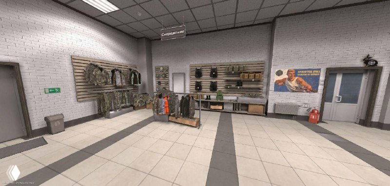 Общий вид торговой зоны магазина Black Russia: стеллажи с одеждой, экипировкой и аксессуарами, панели с информацией и реквизит магазина.