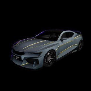 Превью автомобиля Chevrolet Camaro 2026 на чёрном фоне: рендер спортивного купе в три четверти, видно форму кузова и колёса.