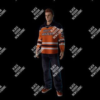 3D-превью игрового скина «Руслан Джерси»: мужской персонаж в оранжево‑чёрном джерси, тёмных брюках и кроссовках на чёрном фоне.