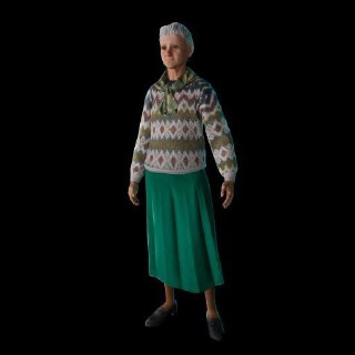 3D-модель скина «Бабушка Серафима»: пожилая женщина в вязаном узорном свитере и зелёной юбке на тёмном фоне, студийная визуализация полный рост