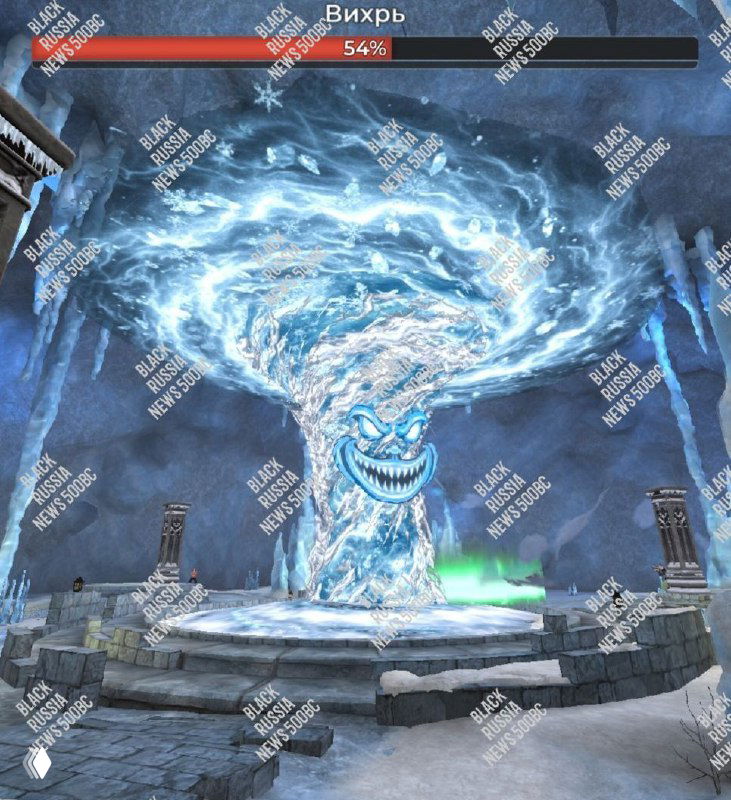 Изображение босса «Вихрь» — огромный ледяной торнадо с гримасой в центре арены, окружённой колоннами и заснеженными объектами, скрин игры.