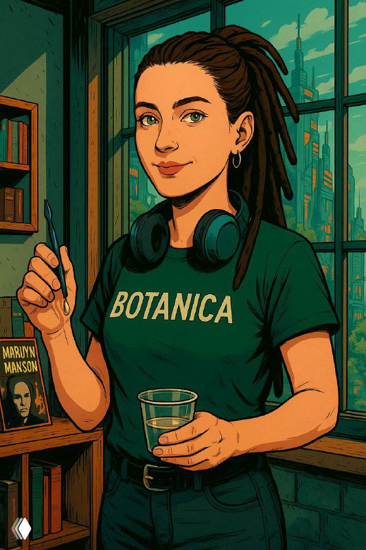 Иллюстрация: женщина в футболке «BOTANICA» в уютной комнате с растениями и книгами у окна, держит стакан — портрет автора курса.