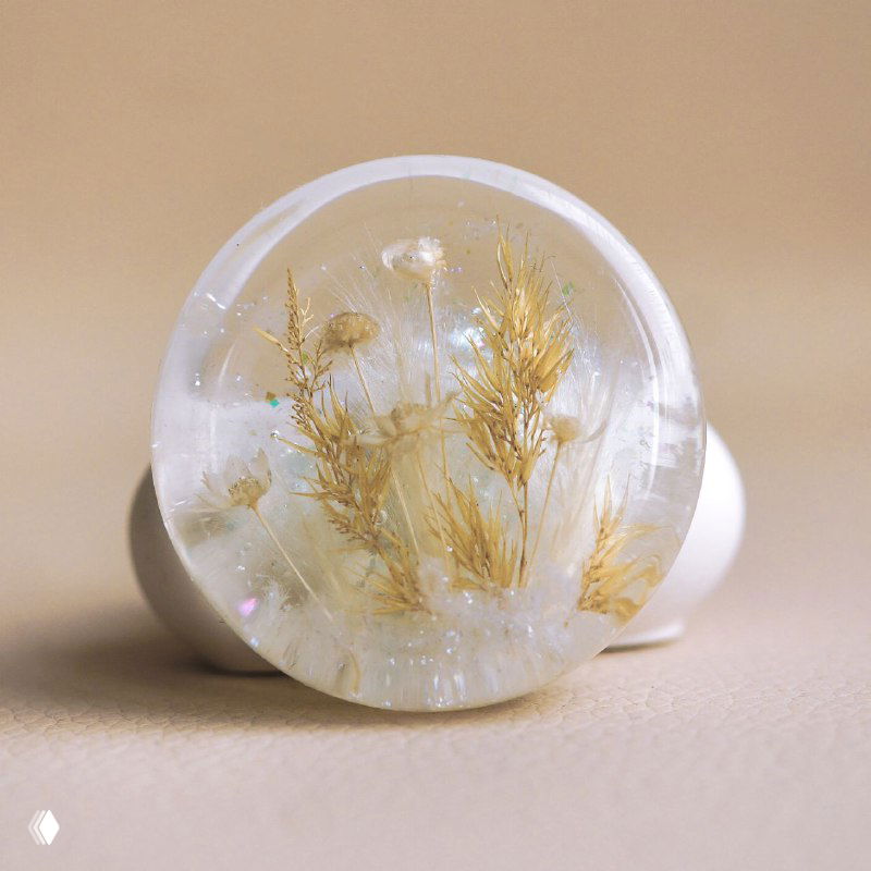 Прозрачный круглый кабошон из смолы с желтоватыми сухими травами и колосками внутри на бежевом фоне, крупный план.