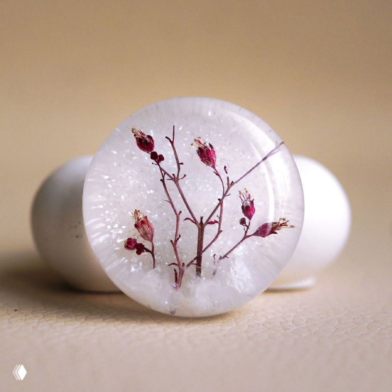 Прозрачный кабошон из смолы с тонкими красноватыми веточками и крошечными бутонами, на светлом фоне, крупный план.