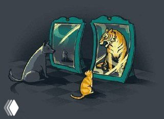 Иллюстрация: кошки рассматривают своё отражение в зеркале и видят тигров — визуальная метафора сравнения статуса, богатства и самооценки.