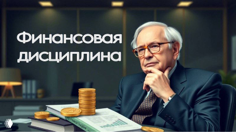 Мужчина в кабинете у стола с монетами и документами; композиция иллюстрирует тему финансовой дисциплины и учета расходов.