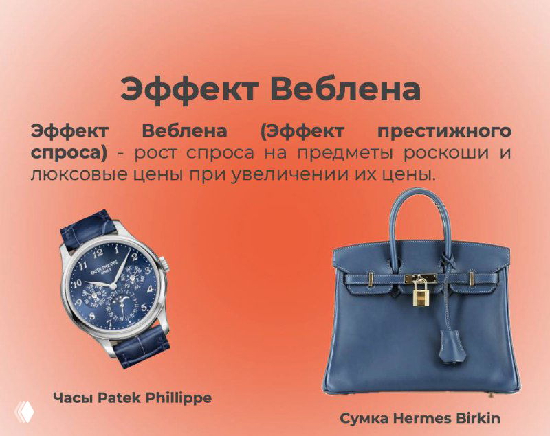 Инфографика и предметы роскоши: часы Patek Philippe и сумка Hermès Birkin на персиковом фоне с текстом об эффекте Веблена.
