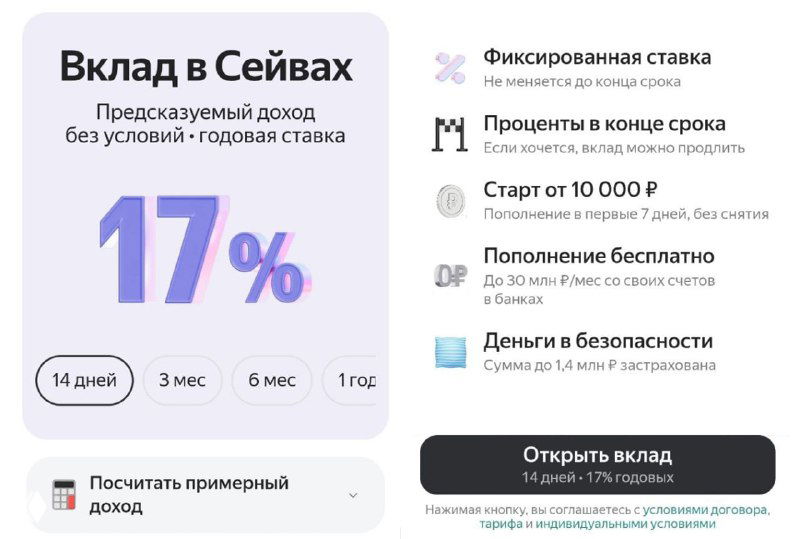 Яндекс Банк — вклад Сейв 14 дней, 17%