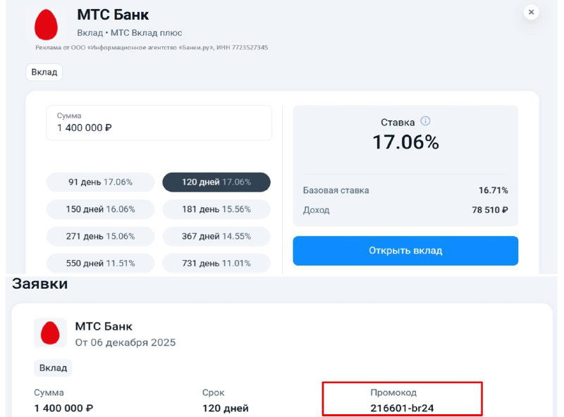 МТС Вклад Плюс — ставки и промокод (до 17,06%)