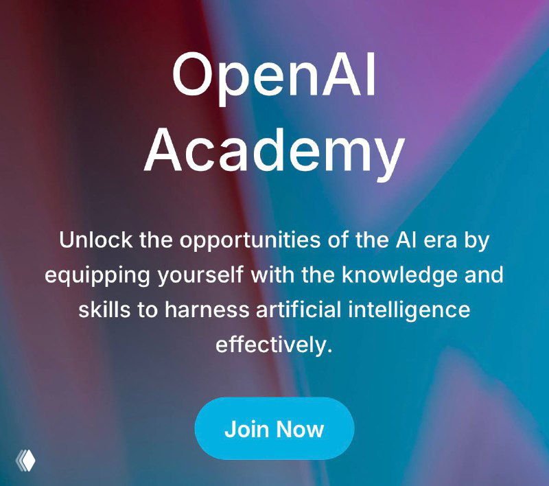 Баннер OpenAI Academy с надписью «OpenAI Academy», кнопкой «Join Now» на абстрактном разноцветном фоне; иллюстрация образовательной инициативы.