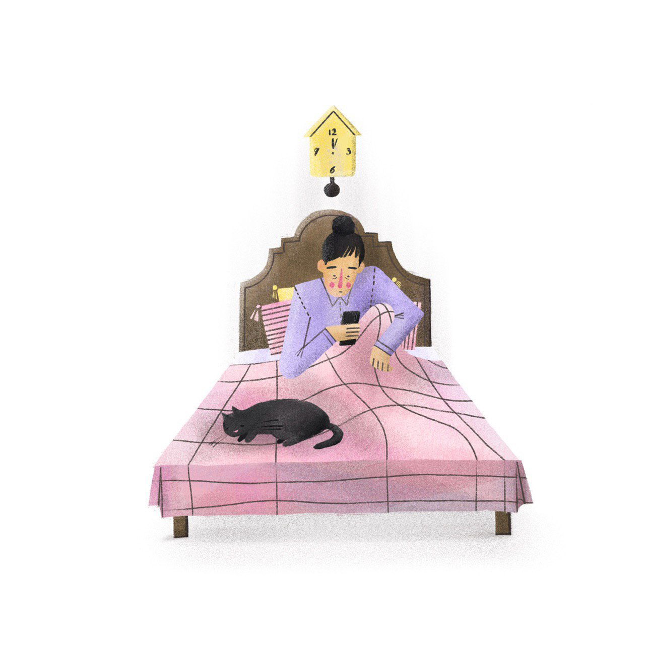 Иллюстрация человека в кровати с телефоном и спящим чёрным котом, над головой часы — образ отвлечений при работе из дома.