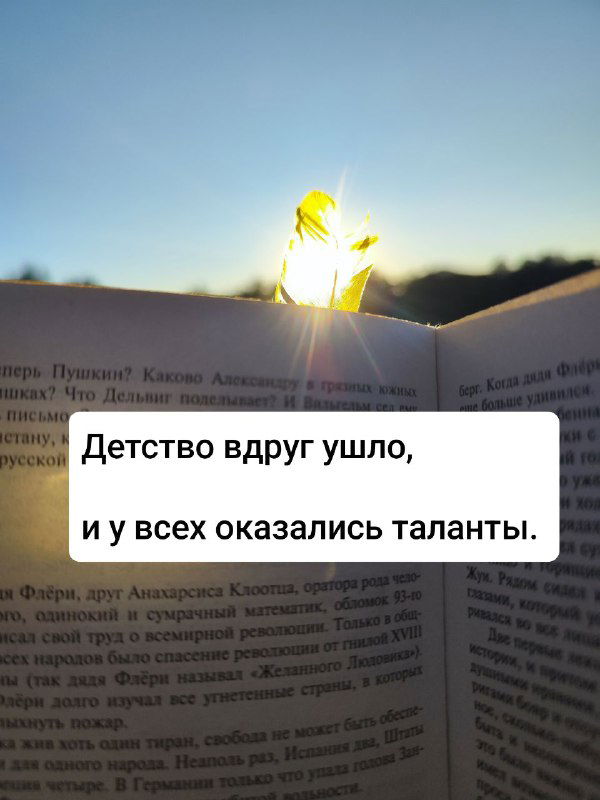 Разворот книги на фоне горизонта; яркий свет между страницами и прямоугольная накладка с фразой создают контраст текста и природы.