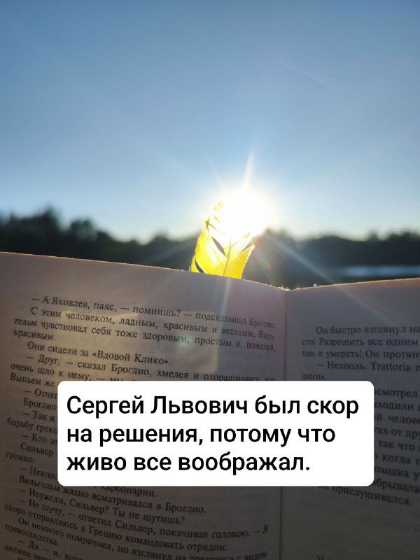 Книга в руках или на опоре, сверху просвечивает яркий лист; вставка с текстом цитаты подчёркивает личный и внимательный тон поста.