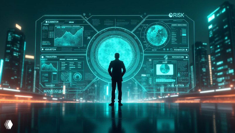 Футуристичная сцена: силуэт человека перед цифровой панелью с графиками и индикаторами риска на фоне ночного города.