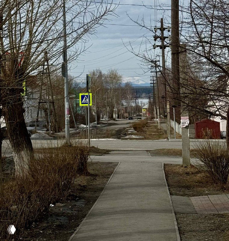 Пешеходная дорожка в Карпинске, ведущая между деревьями вниз к улицам и домам; вид передаёт приглушённое весеннее спокойствие города.